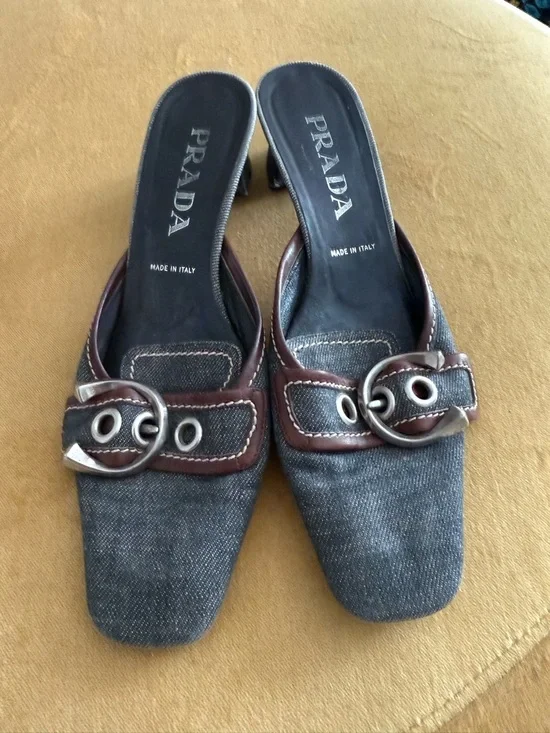 Vintage Prada Denim and Brown Leather Buckle Mules - Picture 1 of 7